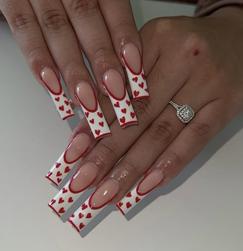 Almond Valentines Nails Red, Valentines Nails Y2k, Nails I Love Me, I Heart Me Nails, Red Vday Nails, Valentine Nail Set, Y2k Valentines Nails, I Love Me Nails, Valentines Day Nails With Initials