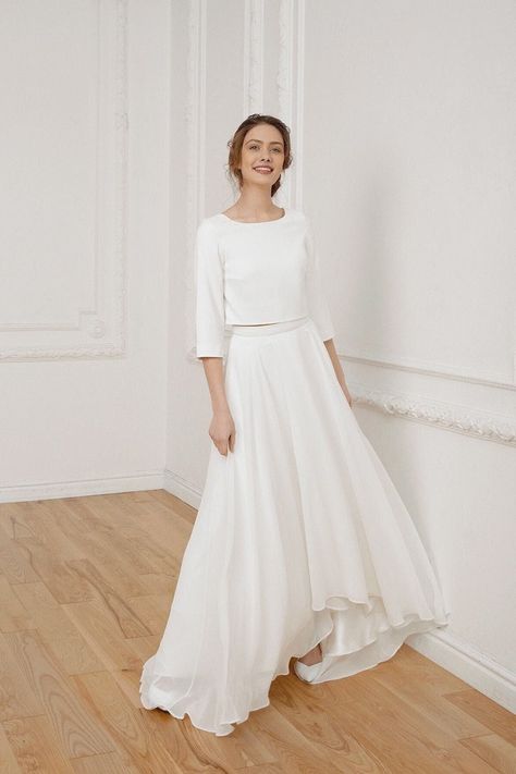 Simple Wedding Dress High Low Skirt Long Sleeves Crop Top - Etsy Wedding Dress High Low, Minimalistic Wedding Dress, Romantic White Dress, Wedding Dress Two Piece, Royal Fabric, Crop Top Wedding Dress, Minimalistic Wedding, Wedding Dresses High Low, Dress High Low