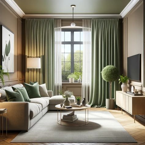 17 Stunning Curtain Colors for the Perfect Taupe Wall Pairing Olive And Beige Living Room, Green And Beige Living Room, Green Curtains Living Room, Curtains Inspiration, Beige Sofa Living Room, Olive Green Curtains, Sage Living Room, Sage Green Curtains, Khaki Walls