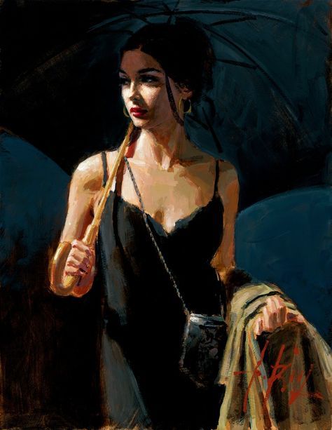 Fábian Pérez - Night Walk IV                                                                                                                                                                                 Mais Fabian Perez, Night Walk, Umbrella Designs, Pulp Art, Romantic Art, Ex Libris, Figurative Art, Portrait Art, Classic Art