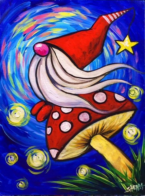 Easy Gnome On A Mushroom Acrylic Painting Tutorial Step By Step Live Streaming | The Art Sherpa Painting For Adults, Gnome Paint, The Art Sherpa, Mushroom Paint, Fairy Paintings, Wall Art Crafts, Canvas Painting Diy, Acrylic Painting Tutorials, Mushroom Art