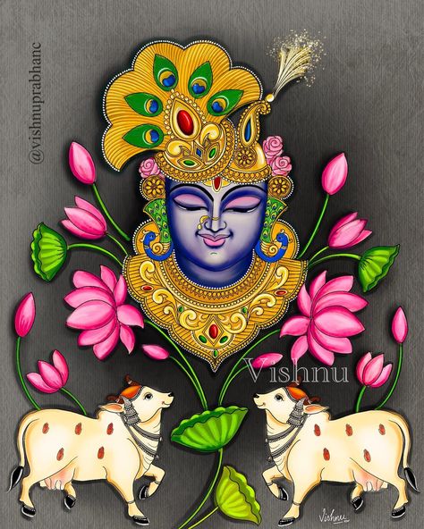 Pichwai Painted Sarees, Pichwai Art Paintings Krishna, Shrinathji Paintings On Canvas, Shreenathji Pichwai Painting, Shrinathji Drawing, Shreenathji Drawing, Pichwai Drawing, Pichwai Paintings Krishna, Srinathji Painting