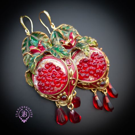 Persephone Earrings, Pomegranate Persephone, Pomegranate Art, Pomegranate Jewelry, Pomegranate Design, Earrings Matching, Garnet Gem, Garnet Jewelry, Art Nouveau Style