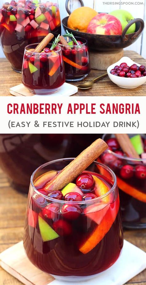 Apple Cranberry Sangria Recipes, Cranberry Apple Drinks Alcohol, Cranberry Apple Cider Sangria, Cranberry Apple Sangria Recipes, Sangria Recipes Cranberry, Christmas Drinks Pitcher, Cranberry Sangria Thanksgiving, New Years Sangria, Thanksgiving Wine Spritzer