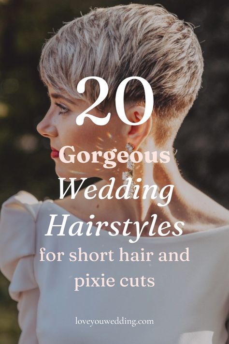 Find your cute and elegant bridal hairstyle for short hair, whether you want pixie cut, bob, or shoulder length bride hairstyles that are down, half up half down, updo, or with veil. We have the perfect wedding hairstyles for short hair. Click through for short wedding hair for brides and pixie cut wedding hair. Bride Wedding Hair Short, Very Short Hair Wedding Hairstyles, Wedding Veils Short Hair, Very Short Bridal Hair, Pixie Bridal Hairstyles, Bridal Hair Styles For Short Hair, Very Short Hair Wedding Styles, Bridal Pixie Hairstyles, Pixie Haircut Wedding Style