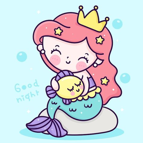 Cute mermaid princess cartoon hug littel... | Premium Vector #Freepik #vector #cute-mermaid #baby-princess #cute-princess #cute-fairy Kawaii Fish, Hug Cartoon, Mermaid Vector, Mermaid Cartoon, Princess Illustration, Mermaid Kids, Drawing Cartoon Faces, Mermaid Drawings, Fish Vector