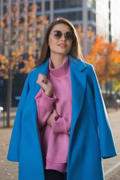 Make a bold statement this fall with a vibrant and stylish casual outfit! This trendy combination of a bright blue coat and a cozy pink sweater adds a pop of color to your autumn wardrobe. Perfect for staying warm while turning heads on city streets, this fall outfit blends fashion-forward vibes with everyday comfort. Want more fashion inspiration for fall? Pin this look now and explore more trendy outfit ideas! Bright Blue Coat Outfit, Bright Outfits Casual, Bright Blue Jacket Outfit, Blue Coat Outfit, Bright Winter Outfits, Outfit For Autumn, Trendy Fall Fashion, Bright Outfits, Trendy Outfit Ideas