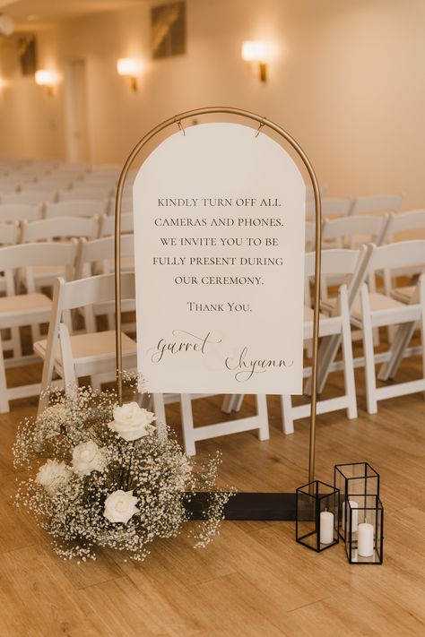 Arched sign and sign holder adding the perfect modern touch to your unplugged sign. Wedding Welcome Signs Arch, Table Sign Holders, Timeless Wedding Signage, Classy Wedding Signage, Wedding Ceremony Signage, Sign In Table For Wedding, Welcome Wedding Table, Ceremony Welcome Table, Signing Table Wedding Ceremony