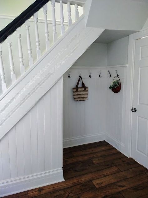 #inspiredrovations #beforeafterremodel #fixandflip #zombiehouse #remodel #Coathoaks #mudroom #understairsstorage #tongueandgroove #farmhouse Under Stairs Space, Under Stairs Storage Ideas, Stairs Storage Ideas, Understair Storage, Under Stairs Nook, Room Under Stairs, Stair Nook, Closet Under Stairs, Farmhouse Stairs