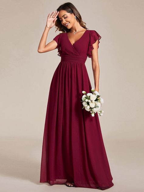 MsDresslyEP Formal Dress Back Cutout A-Line Pleated Ruffles Sleeve Chiffon Bridesmaid Dress DRE230912A9437BDG4 Belk Dresses, Ruffles Sleeves, Burgundy Bridesmaid, Ever Pretty, Summer Work, Work Dresses, Cutout Design, Chiffon Material, Chiffon Bridesmaid Dress