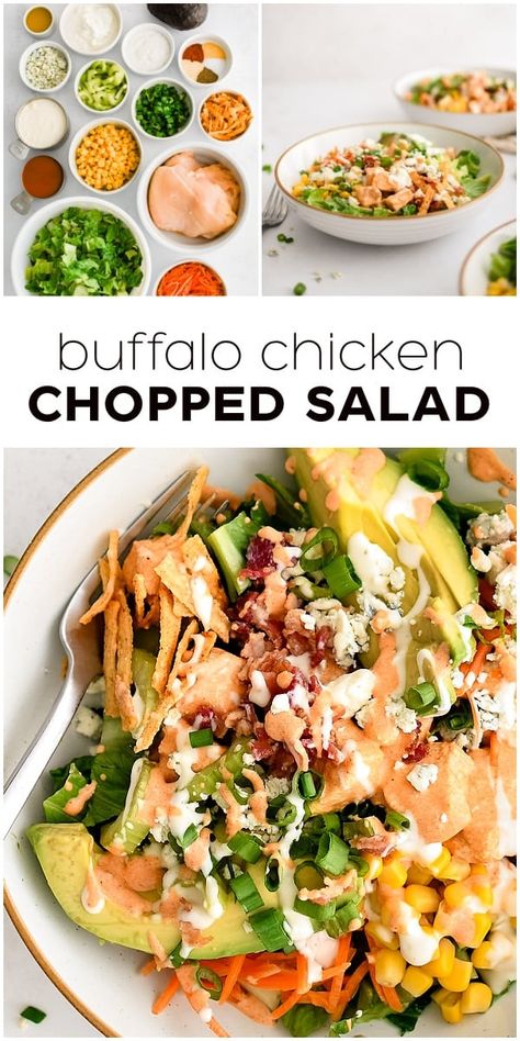 This delicious restaurant-quality Buffalo Chicken Salad Recipe is packed with flavor and tons of healthy ingredients like crunchy veggies, avocado, chopped chicken, and crumbled bleu cheese. Drizzled with creamy buffalo sauce and ranch dressing, it’s the perfect main dish salad or game-day side dish. Sides For Buffalo Chicken, Creamy Chopped Chicken Salad, Buffalo Ranch Dressing Recipes, Chopped Buffalo Chicken Salad, Buffalo Chicken Chopped Salad, Healthy Buffalo Chicken Salad, Grilled Buffalo Chicken Salad, Pulled Chicken Salad, Easy Buffalo Chicken Salad