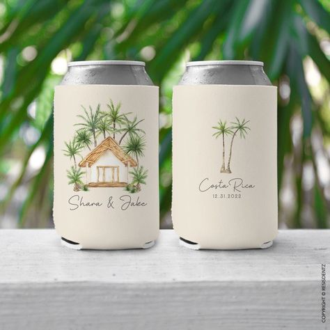 "These Tropical Island Bungalo Can Coolers are the perfect destination wedding favor to Treat your wedding guests with vibrant can coolers to remind them of your special day. Perfect memento for an beachy summer wedding. Customize the text with names, date and location! Please leave us all of your custom text requests within the note attached to your order!  Example:  Side One: Desirée & Marc Side Two: Miami 12.31.2023 Leave date you need in hand so that we can mark your order internally, so tha Tropical Wedding Gifts For Guests, Wedding Party Favors For Guests Destination Wedding, Tropical Welcome Bags, Wedding Favours Destination Weddings, Tropical Wedding Party Favors, Tropical Destination Wedding Decor, Hawaii Wedding Favors, Key West Wedding Favors, Wedding Favors For Destination Wedding