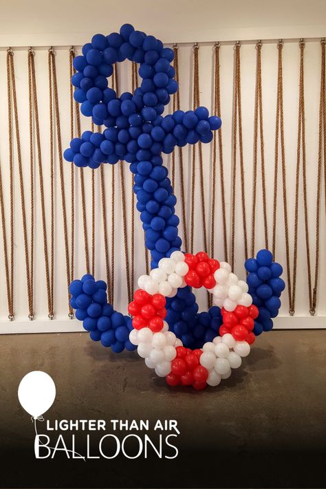 Nautical themed balloon sculptures, blue boat anchor and life preserver, perfect for an ocean or nautical party. Nautical Balloon Decor, Anchor Balloon, Anchor Theme Party, Nautical Birthday Decorations, Nautical Baby Shower Boy, Sailor Baby Showers, Sailor Theme, Jungle Thema, Sailor Baby