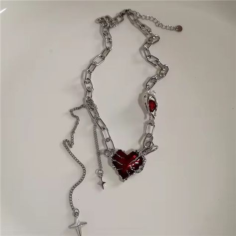 Punk Gothic Red Lava Star Cross Heart Pendant Leather Rope Necklace Women Men Hip Hop Y2K 90s EMO Accessories Aesthetic Jewelry - AliExpress 36 Colares Aesthetic, Emo Necklace, Dr Jewelry, 90s Emo, Emo Accessories, Accessories Aesthetic, Cross Heart, Star Cross, Aesthetic Jewelry