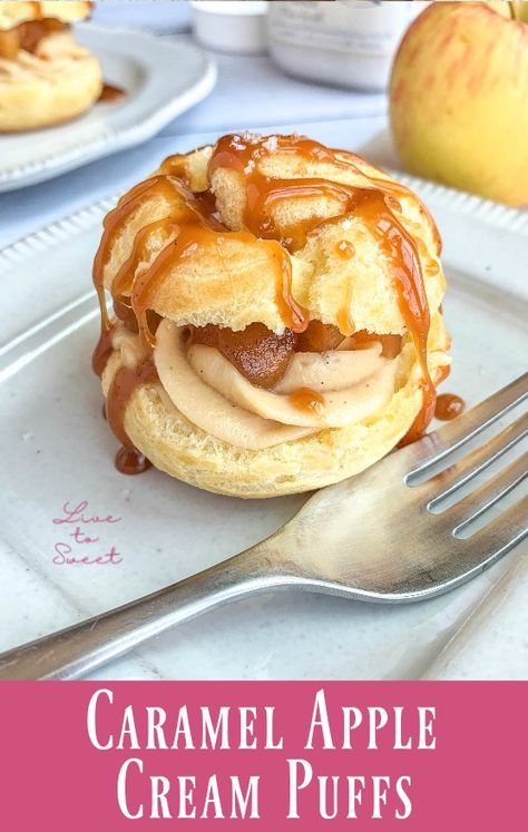 A classic cream puff filled with caramel pastry cream and chunky apple preserves, drizzled with homemade salted caramel sauce! Caramel Pastry Cream, Cream Puff Flavors, Apple Preserves, Caramel Pastry, Puff Dessert, Caramel Dessert Recipes, Homemade Salted Caramel, Apple Pastry, Potatoes Easy