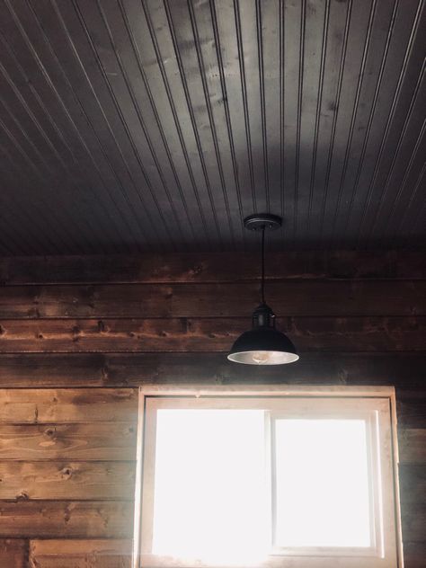 Beadboard ceiling in Urbane Bronze by Sherwin Williams Beadboard Paneling Ceiling, Beadboard Panel Ceiling, Black Beadboard Ceiling, Beadboard Walls And Ceiling, Pnw Farmhouse, Hobbit Cottage, Black Beadboard, Urbane Bronze, Earth Girl