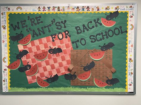 Ant themed bulletin board Ant Themed Classroom, Ant Bulletin Board Ideas, Insect Bulletin Board Ideas, Picnic Bulletin Boards, Preschool Door, Teacher Bulletin Boards, Infant Room, Garden Friends, Insects Theme