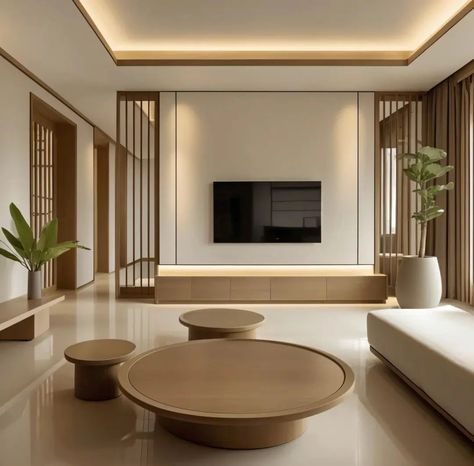 A modern Japanese-style living room with a minimalist aesthetic. The room features a white wall with a wooden slatted panel, a low-profile TV stand, and a large circular coffee table. The overall atmosphere is serene and calming, with natural light and neutral tones. Wabisabi Interiordesign, Wabi Sabi Living Room, Different Design Styles, Woodworking Skills, House Made, Wood Paneling, Wabi Sabi, Rustic Charm, Woodworking Plans