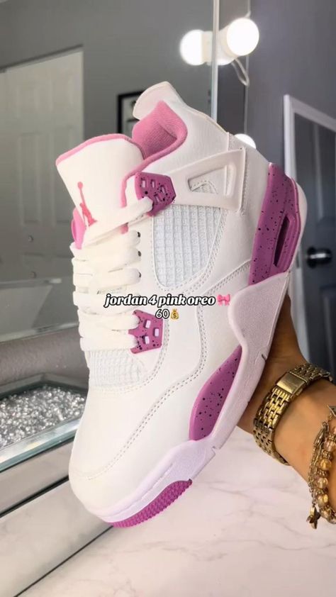 Air Jordan 4 For Women, Jordan 4 Pink And White, Air Jordan 4 Pink Oreo, Pink Oreo Jordan 4’s, Pink 11s Jordans, Jordans That Go With Everything, Custom Jordan 4s, Jordan 4 Oreo Pink, Cute Jordans 4s