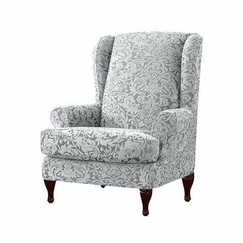 House of Hampton® Damask Printed Elastic T-Cushion Wingback Chair Slipcover & Reviews | Wayfair Wingback Chair Slipcovers, Wingback Chair Covers, Patterned Chair, Wingback Armchair, Chair Slipcover, Chair Slipcovers, Armchair Slipcover, Brown Cushions, Arm Chair Covers