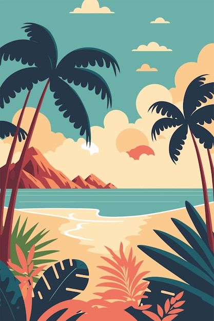 Animated Beach Aesthetic, Beach Artwork Illustrations, Beach Graphic Illustration, Vintage Beach Design, Island Illustration Design, Tropical Beach Illustration, Beach Vector Art, Tropical Island Illustration, Summer Vector Illustrations