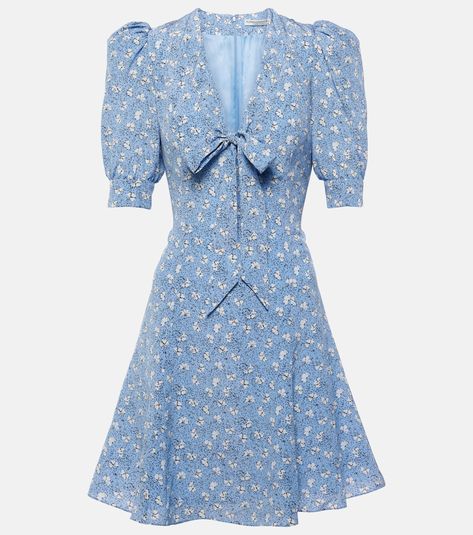 Bow-detail printed silk minidress in blue - Alessandra Rich | Mytheresa Alessandra Rich Dresses, Border Print Dress, Dressy Blouses, Dress Reference, Rich Clothes, Blue Outfits, Dressy Blouse, Alessandra Rich, Royal Outfits