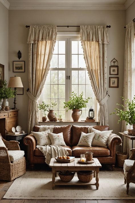 Cottage Living Room With Leather Sofa, Country House Sitting Room, French Country Living Room With Leather Sofa, European Country Living Room, Country Sofas Farmhouse Couch, Cream Cottage Living Room, French Country Leather Sofa, Southern Living Living Rooms, British Cottage Living Room