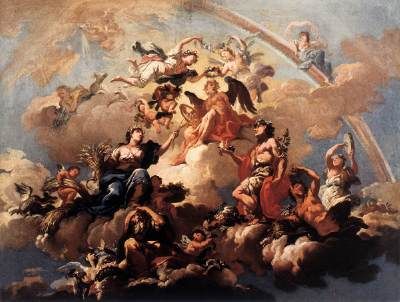 ALTOMONTE, Bartolomeo (b. 1694. Warszawa, d. 1783, Markt St Florian)   Click!	 The Four Seasons Paying Homage to Chronos  c. 1737 Oil on canvas, 75 x 95 cm Residenzgalerie, Salzburg  This oil sketch is a study for a ceiling fresco in the ceremonial hall of the Neuwartenburg palace near Timelkam/Vocklabruck. The palace was built between 1730-32 by the architect Anton Erhard Martinelli (c. 1684—1747) in honour of Emperor Charles VI, who visited Vocklabruck to go hawking. Admont Abbey Library, Ceiling Fresco, Lorenzo Bernini, Mythology Art, The Four Seasons, Bob Ross, A4 Poster, Caravaggio, Chiaroscuro