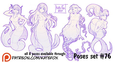 Pause Challenge, 3d Drawing Tutorial, Pose Study, Mermaid Pose, Drawing Bases, Mermaid Drawings, Fox Illustration, Creature Drawings, 캐릭터 드로잉