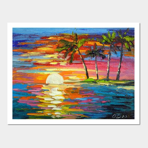 Dawn and palm trees oil painting on canvas, unframed, as the edges are painted with 100% handmade palette knife and high-quality oil, for the interior or as a gift. It will decorate your interior and will delight you and your family for a long time. -- Choose from our vast selection of art prints and posters to match with your desired size to make the perfect print or poster. Pick your favorite: Movies, TV Shows, Art, and so much more! Available in mini, small, medium, large, and extra-large dep Abstract Palm Tree, Palm Trees Art, Sunset And Palm Trees, Palm Tree Island, Surf Painting, Palm Trees Painting, Trees Art, Palm Tree Art, Owl Art