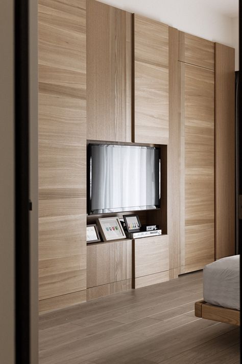 Full Height Tv Cabinet, Wall Mounted Tv Bedroom, Wooden Apartment, Framed Bed, Wall Partitions, Tv Feature Wall, Wooden Wardrobe Design, Feature Wall Design, Design Tv