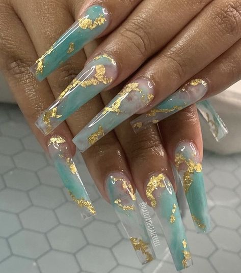 Navy Blue Nails Gold Flakes, Pastel Nails Coffin, Hand Decor, Emerald Nails, Gold Acrylic Nails, Aqua Nails, Cute Acrylic Nail Designs, Her Nails, Long Acrylic Nails Coffin