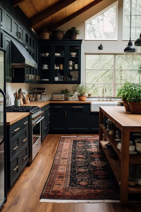 40+ Aesthetic Moody Farmhouse Kitchen Ideas Narrow Kitchen Design, Kitchen Narrow, Long Narrow Kitchen, Moody Farmhouse, Kitchen Long, Moody Kitchen, Farmhouse Kitchen Ideas, Narrow Kitchen, Kitchen Black