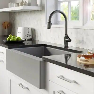 Farmhouse/Apron-Front Quartz Composite 34 in. Single Bowl Kitchen Sink in Grey Kitchen Color Palettes, Topmount Sink, Apron Front Kitchen Sink, Kitchen Faucets Pull Down, Retractable Hose, Black Kitchen Faucets, Farmhouse Aprons, Sleek Kitchen, Bowl Kitchen Sink