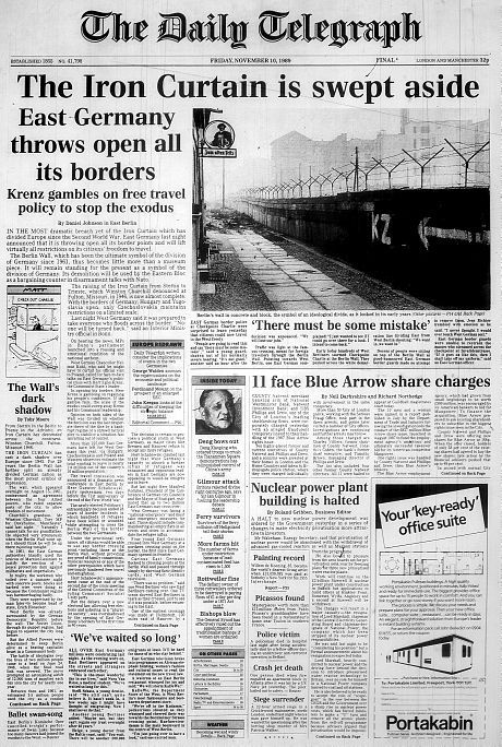 The image is a newspaper article from London about the fall of the Berlin wall and it shows how it was covered in the UK. From the point of view it shows the fall of the Iron curtain of communism and the push against it. Compared to other sources they were open to giving out the details to the fall of the wall.They had the same types of views as Americans in that they view it as the end of communism. Fall Of The Berlin Wall, The Fall Of The Berlin Wall, Fall Of Berlin Wall, Newspaper Front Page, Newspaper Front Pages, The Berlin Wall, East Berlin, Newspaper Headlines, Historical Newspaper