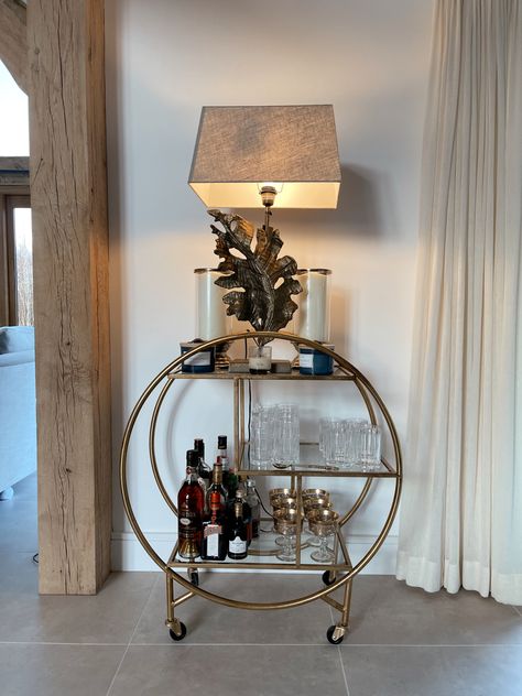 Globe Drinks Trolley, Round Drinks Trolley Styling, Living Room Drinks Trolley, Trolley Decor, Coffee Corner Table, Brekkie Ideas, Vintage Drinks Trolley, Peaceful House, Drink Trolley