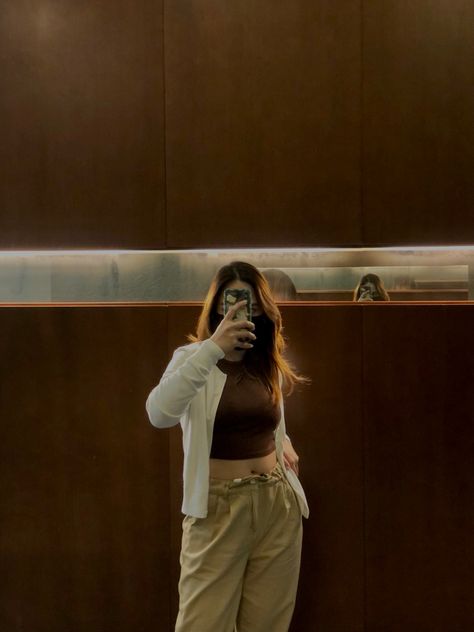 Khaki Pants And Brown Top, Light Brown Tank Top Outfit, Brown Crop Tank Top Outfit, Mall Fits Aesthetic, Brown Tank Top Outfit Aesthetic, Brown Sleeveless Top Outfit, Light Brown Top Outfit, Brown Tank Outfit, Beige Tank Top Outfit