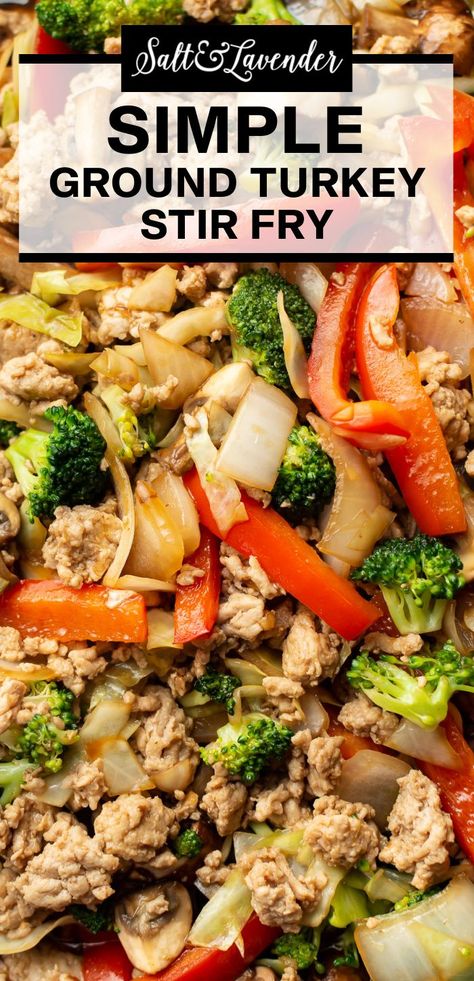 close up of stir fry with text overlay that reads simple ground turkey stir fry Ground Turkey Stir Fry, Turkey Stir Fry Recipes, Recipes Using Ground Turkey, Recipe With Vegetables, Ground Turkey Recipes Easy, Turkey Stir Fry, Ground Turkey Soup, Colorful Carrots, Ground Turkey Recipes Healthy