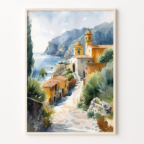 Sicily Watercolor Painting, Italy Wall Art, Travel Poster Print, Framed & Unframed Artwork, Wall Art Decor, C30-437 - Etsy Sicily Watercolor, Sicily Painting, Italy Wall Art, Wall Art Travel, Artwork Wall, Unique Paintings, Art Travel, Watercolor Techniques, Favorite City