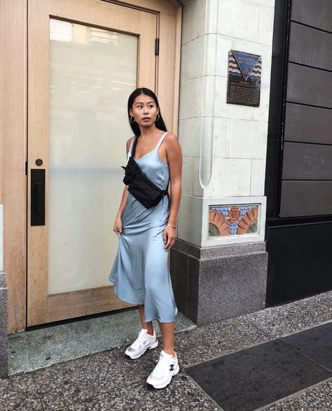 The dress not the shoes or the bag. Just the dress Slip Dress Outfit, Satin Silk Dress, Blue Slip Dress, Silk Outfit, Easy Style, Outfit Trends, Silk Slip Dress, Winter Trends, Mode Inspo