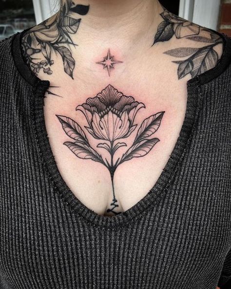 Chest Tattoos For Women Flower, Old School Chest Tattoo Female, Tattoo For Shoulder For Women, Center Of Chest Tattoo Female, Plant Chest Tattoo, Woman’s Chest Tattoo, Chest Tattoo Women Ideas, Full Chest Tattoos For Women, Gothic Chest Tattoo Female