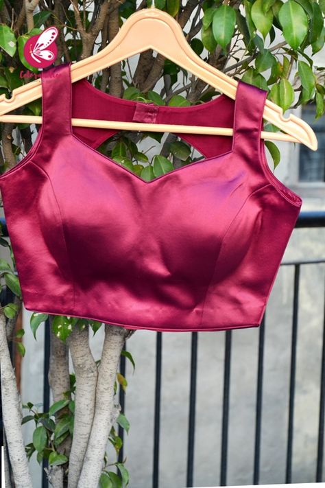 Wine Pure Satin Keyhole Back Padded Blouse - Blouses Slvless Blouse Pattern, Satin Sleeveless Blouse, Padded Blouse Designs, Blouse Pattan, Fancy Blouse Designs Patterns Back, Satin Blouse Designs, Latest Fashion Blouse Designs, Sleeveless Blouse Designs, Blouse Designs High Neck