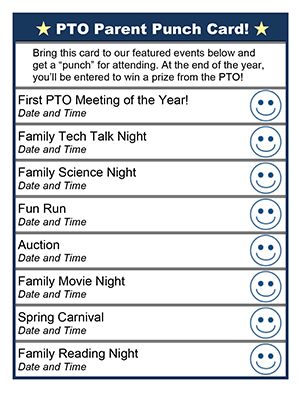 Pto Parent Punch Card, Parent Association Ideas, Parent Teacher Fellowship, Pto Snack Ideas, Parent Advisory Committee Ideas, Home And School Association Ideas, Parent Workshops At School, Parent Workshop Ideas, Elementary Assembly Ideas