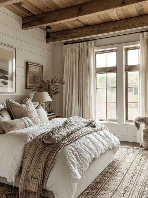 Beige Layered Bedding, Cozy Farmhouse Bedroom, Rustic Farmhouse Bedroom, Beautiful Bedroom Colors, Barn Apartment, Bedroom Addition, Future Bedroom, Cabin Bedroom, Earthy Bedroom