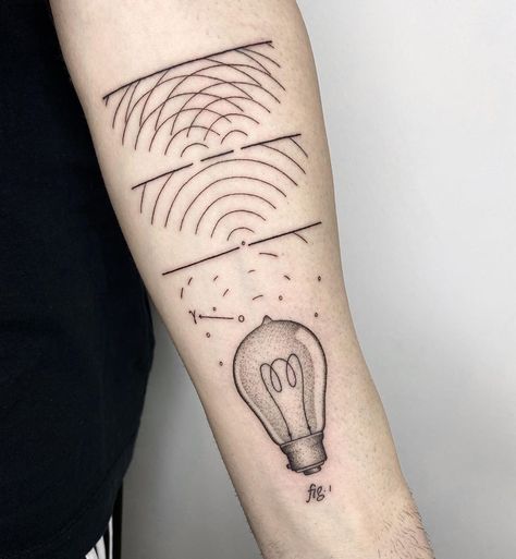 Michele Volpi ⋆ tattoo artist on Instagram: ““Wave-particle duality of the light” Wave–particle duality is the concept that every particle or quantum entity may be described as either…” Quantum Physics Tattoo Ideas, Quantum Entanglement Tattoo, Quantum Mechanics Tattoo, Quantum Physics Tattoo, Physics Tattoo Ideas, Duality Tattoo Ideas, Quantum Tattoo, Duality Tattoo, Physics Tattoos