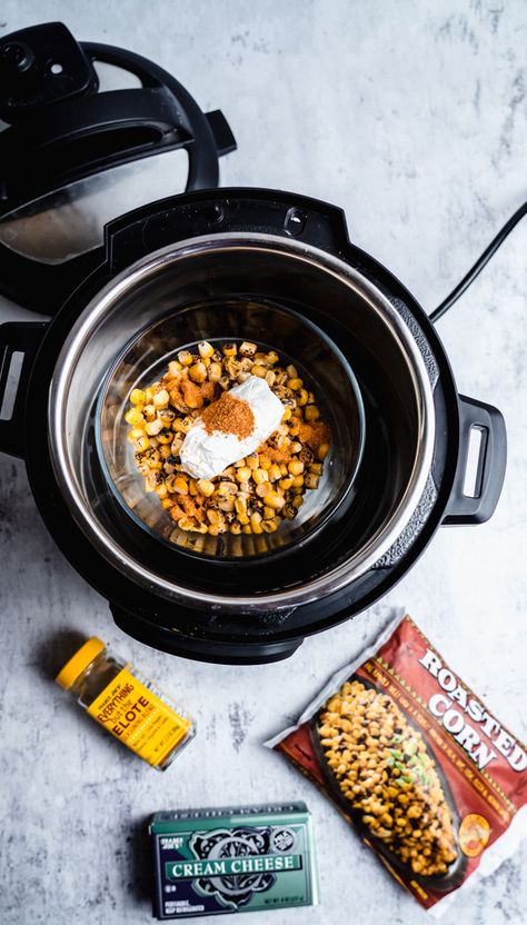 Instant Pot Creamy Roasted Mexican Corn (Elote) - TastyAZ Trader Joe’s Roasted Corn, Elote Seasoning Trader Joes, Trader Joes Roasted Corn Recipes, Everything But The Elote Seasoning Uses, Trader Joes Seasoning, Roasted Mexican Corn, Everything But The Elote Seasoning, Elote Seasoning, Trader Joes Recipes Dinner