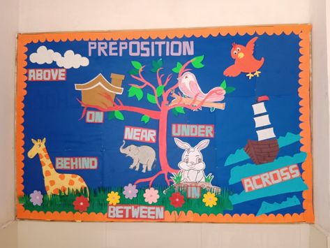 Grammar-Preposition English Grammar Board Decoration, English Exibition Ideas, Preposition Chart Ideas, Preposition Tlm, Human Body Science Projects, Attendance Register, Classroom Display Boards, Preposition Activities, English Activity