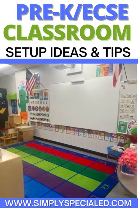 Wondering how to setup your ECSE classroom? Today I am giving you my top teaching tips for creating a positive classroom environment for your special education students. I share my calm are, my teacher desk area, whole group lesson area and more. Find ECSE classroom setup tips including student schedules, word walls, dramatic play centers and more. Special Education Prek Classroom, Centers For Prek Classroom, Special Education Preschool Centers, Early Childhood Classroom Setup, Highscope Classroom Setup, Prek Asd Classroom, Ecse Classroom Activities, Preschool Special Education Classroom Setup, Prek Centers Setup