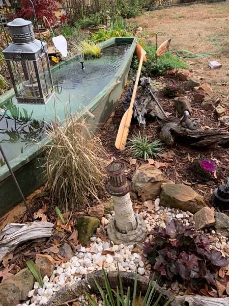 Boat gardens sail away...with our hearts | Flea Market Gardening Boat Ponds Ideas, Boat Landscaping Ideas, Boat Fish Pond Ideas, Boat Ponds Diy, Boat Garden Ideas, Boat Pond Ideas, Canoe Water Garden, Boat Garden Feature, Boat In Garden Ideas