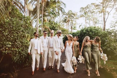 Tan Suits And Green Dresses, Different Shades Of Green Groomsmen, Olive Green Bridesmaid Dress With Groomsmen, Sand Suit Men, Beige Groomsmen Suits Bridesmaid Dresses, Olive Green Wedding Groomsmen, Tan And Green Wedding Colors, Sage Green White And Beige Wedding, Olive Green Bridal Party Groomsmen